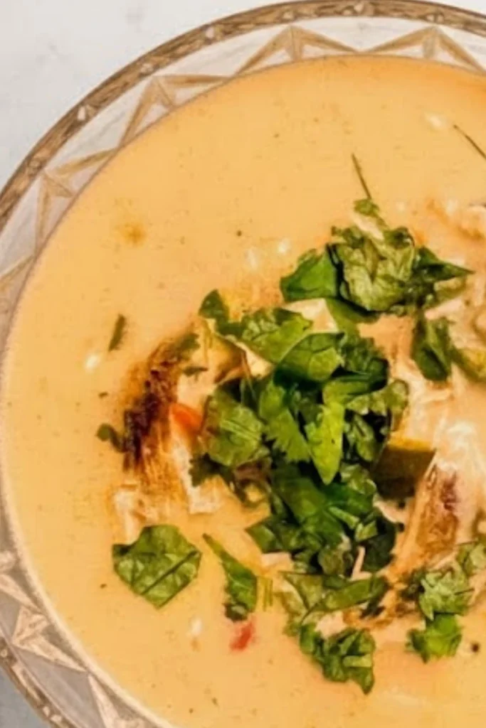 Close-up of Creamy Chile Relleno Soup with Fresh Cilantro Garnish