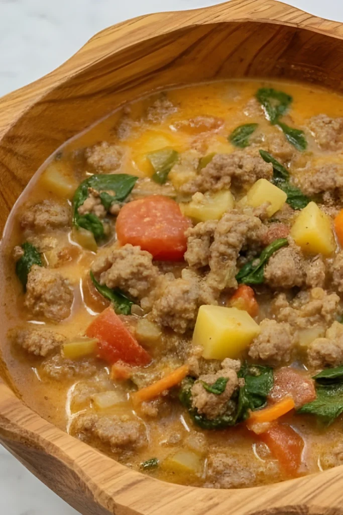 Hearty Pizza Soup with Ground Beef, Carrots, Potatoes, and Spinach