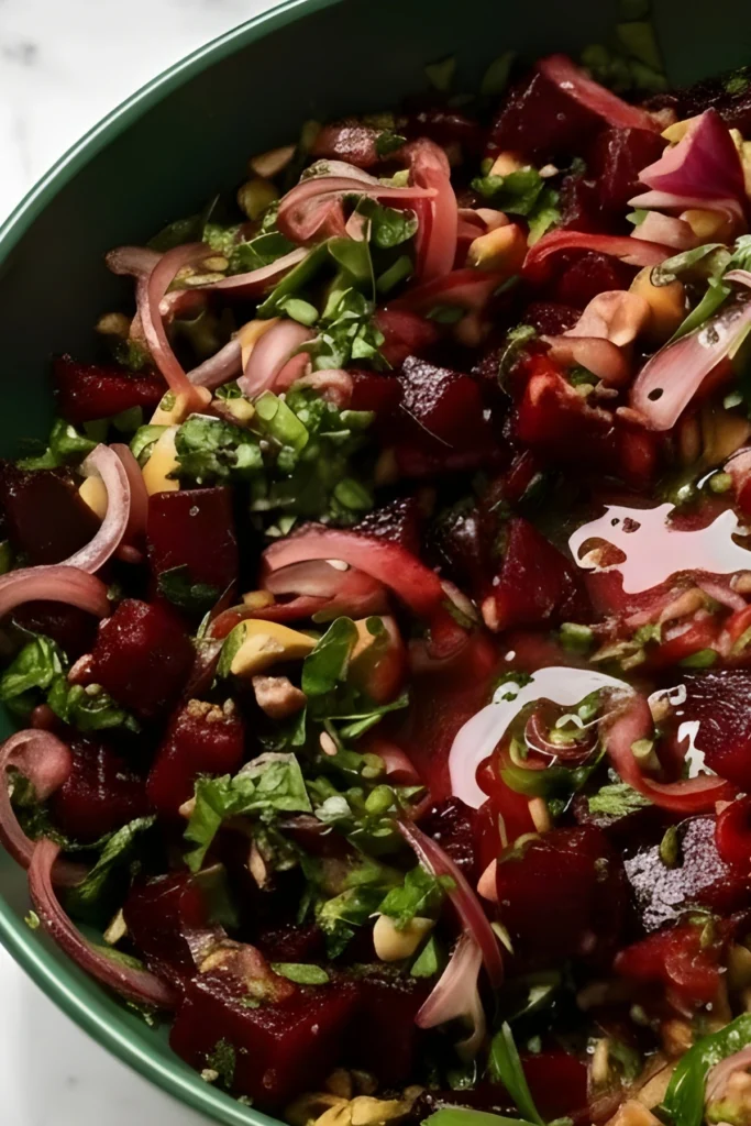 Close-up of vibrant pickled beet salad with fresh herbs, onions, and pistachios.