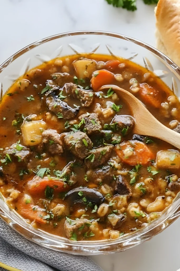 A warm bowl of Slow Cooker Beef Barley Stew filled with tender beef chunks, carrots, potatoes, and barley in a rich broth, garnished with fresh parsley.