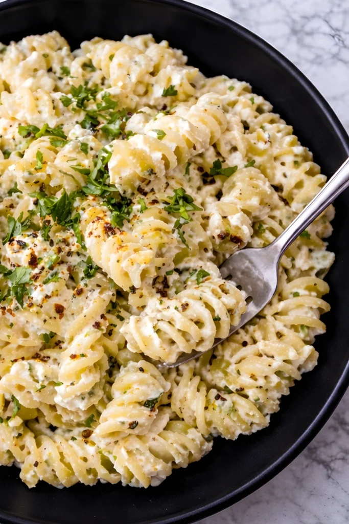 Creamy cottage cheese pasta with rotini tossed in a smooth garlic parmesan sauce and topped with fresh herbs in a black bowl