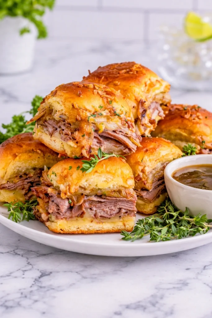 French dip sliders stacked with tender roast beef and melted provolone served with au jus