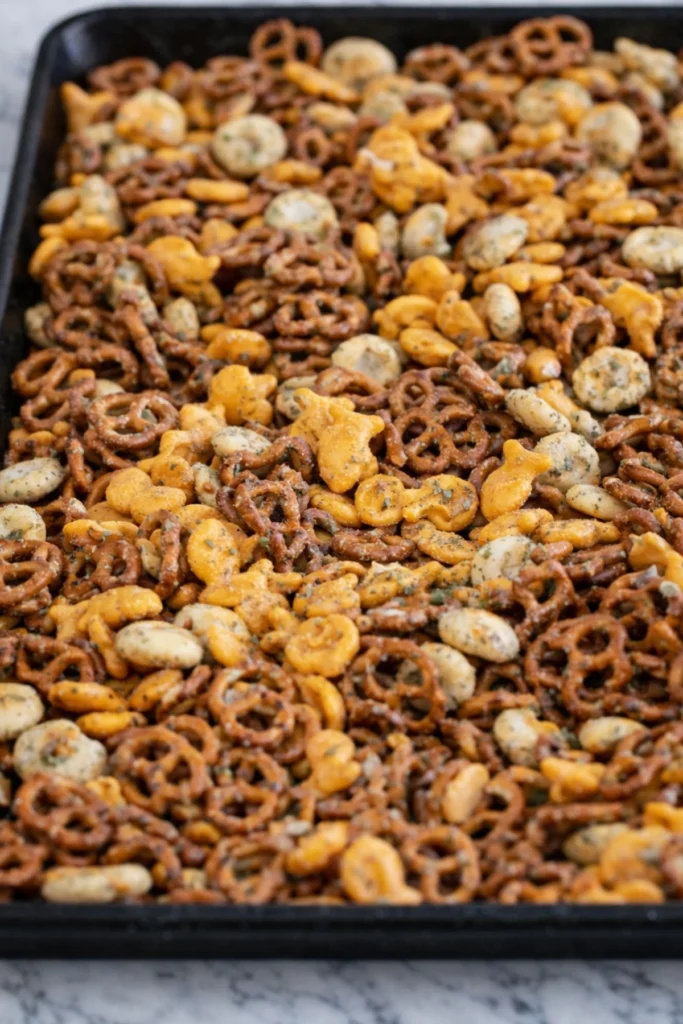 Baked Ranch Pretzel Snack Mix on a Baking Tray