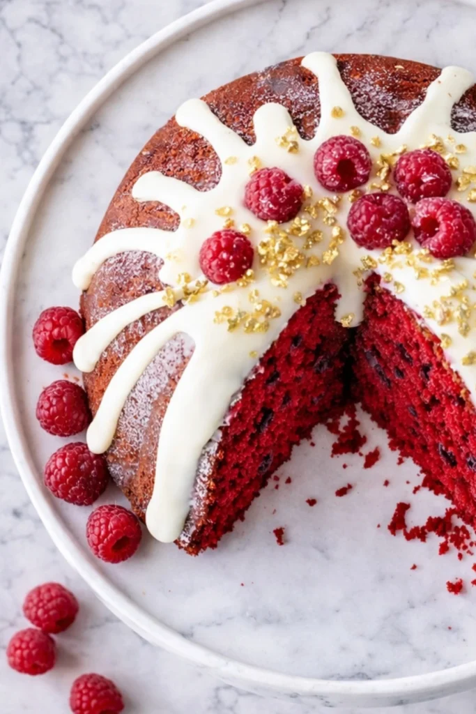 Red velvet cream cheese bundt cake slice with white glaze and raspberries