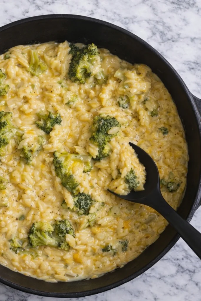 One-pot broccoli cheddar orzo with creamy sauce and broccoli florets served in a black cast iron skillet