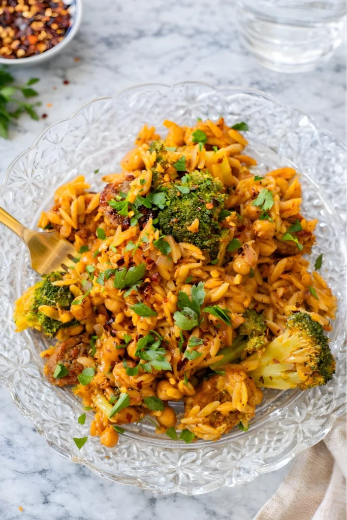 Vegan sausage and broccoli orzo skillet served in a clear glass plate with fresh parsley and red pepper flakes on top