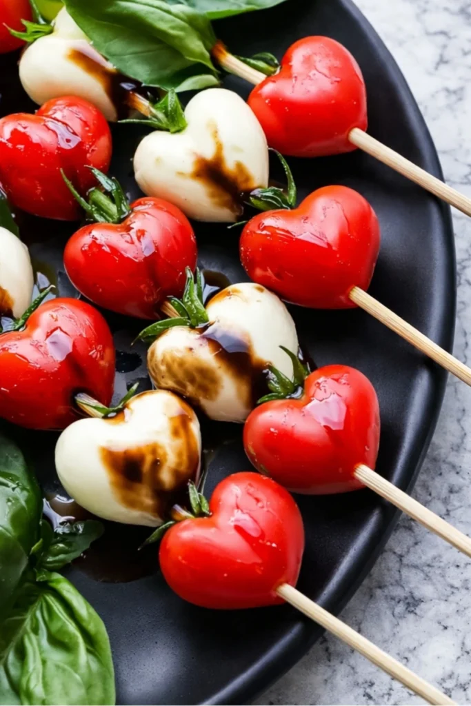 Close-Up of Valentine’s Caprese Skewers with Heart-Shaped Tomatoes, Mozzarella, and Balsamic Drizzle