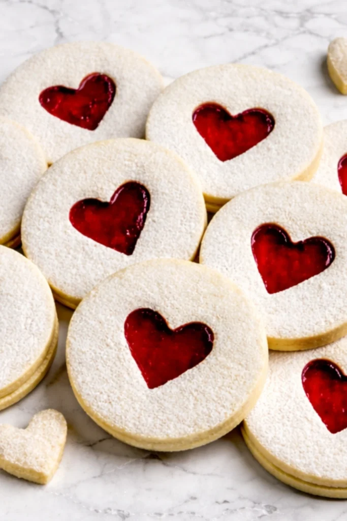 Heart-Shaped Jam Cookies with Powdered Sugar and Strawberry Filling