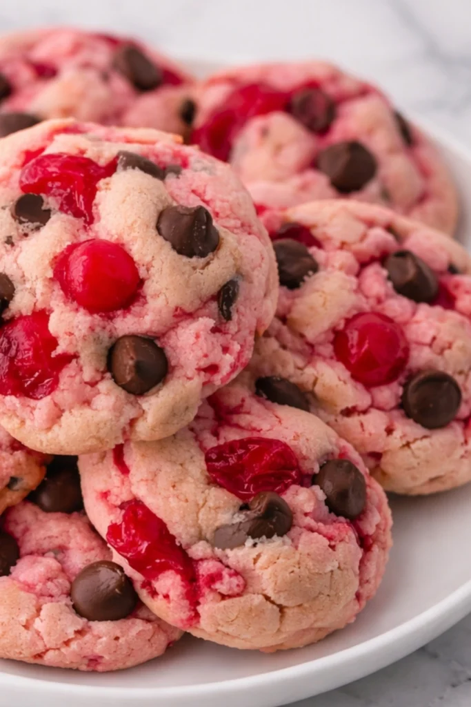 Maraschino Cherry Chocolate Chip Cookies with vibrant cherries and chocolate chips