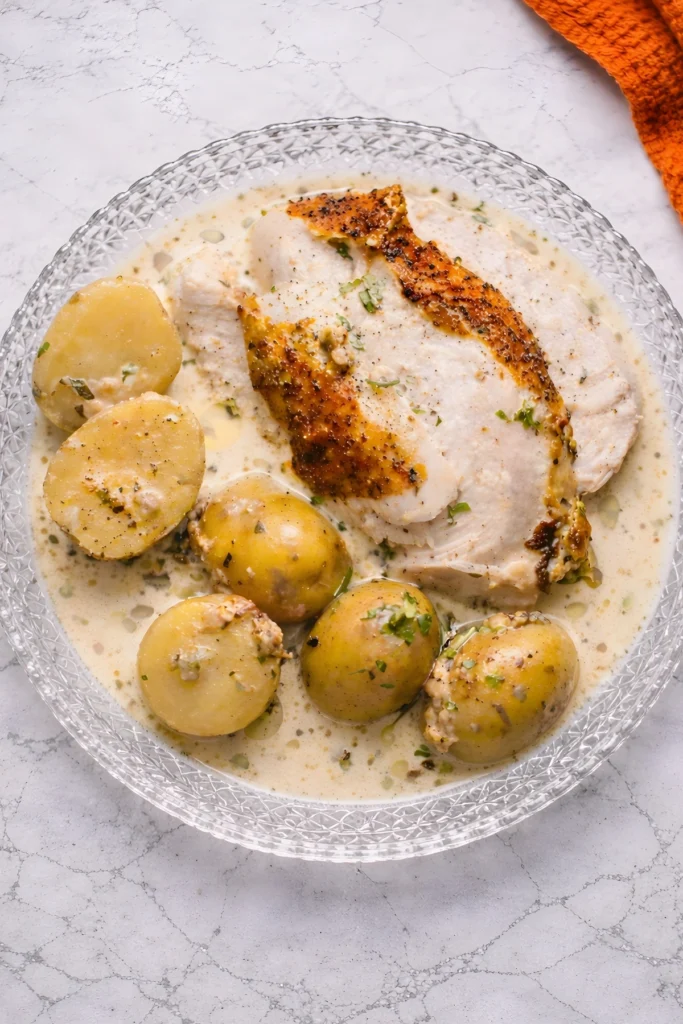 Creamy lemon and herb pot roasted chicken served with baby potatoes in garlic herb cream sauce on glass plate