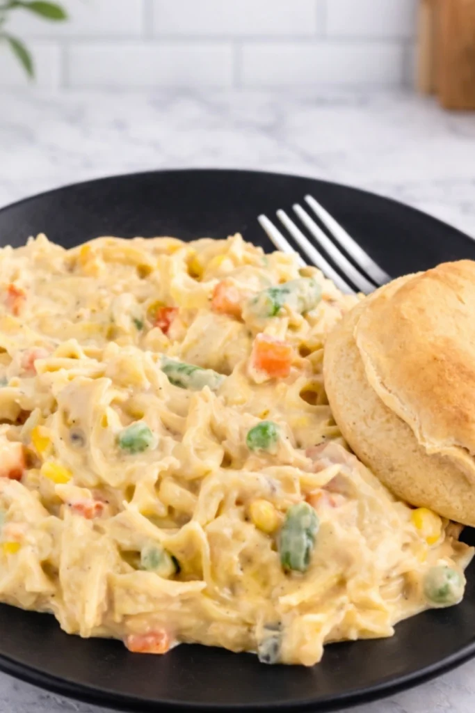 Chicken pot pie casserole with creamy noodles vegetables and biscuit