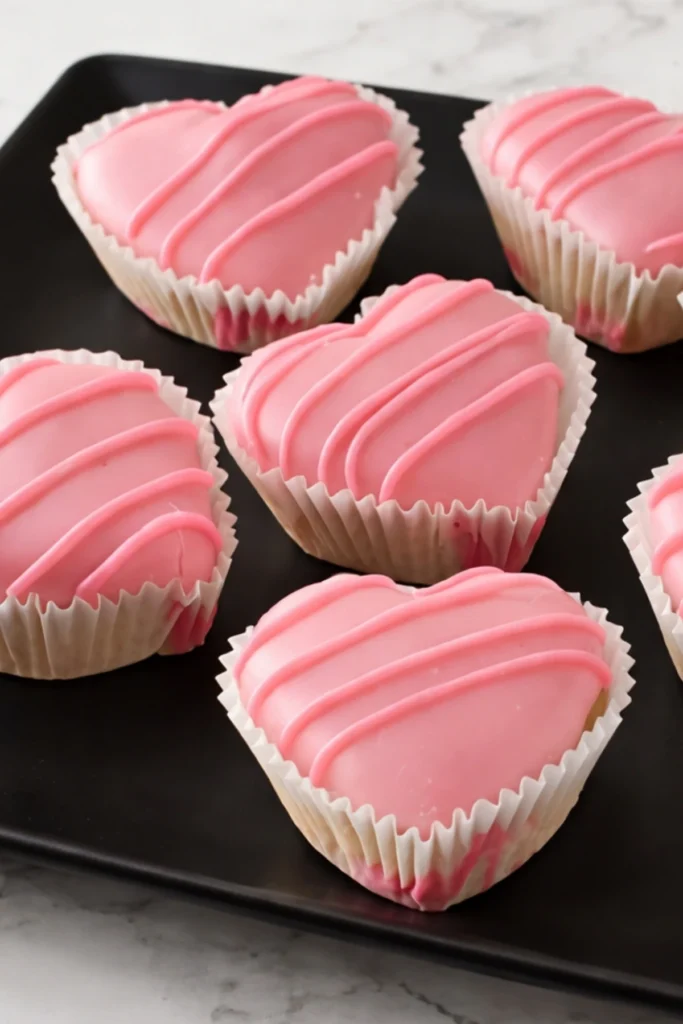 Pink Valentine's Heart Petit Fours with Drizzle in Cupcake Liners