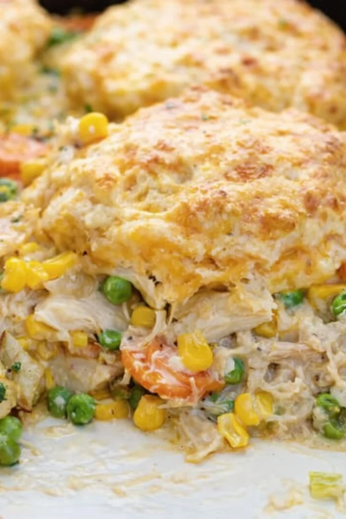 Close-up of chicken pot pie casserole with cheesy biscuit topping and creamy filling