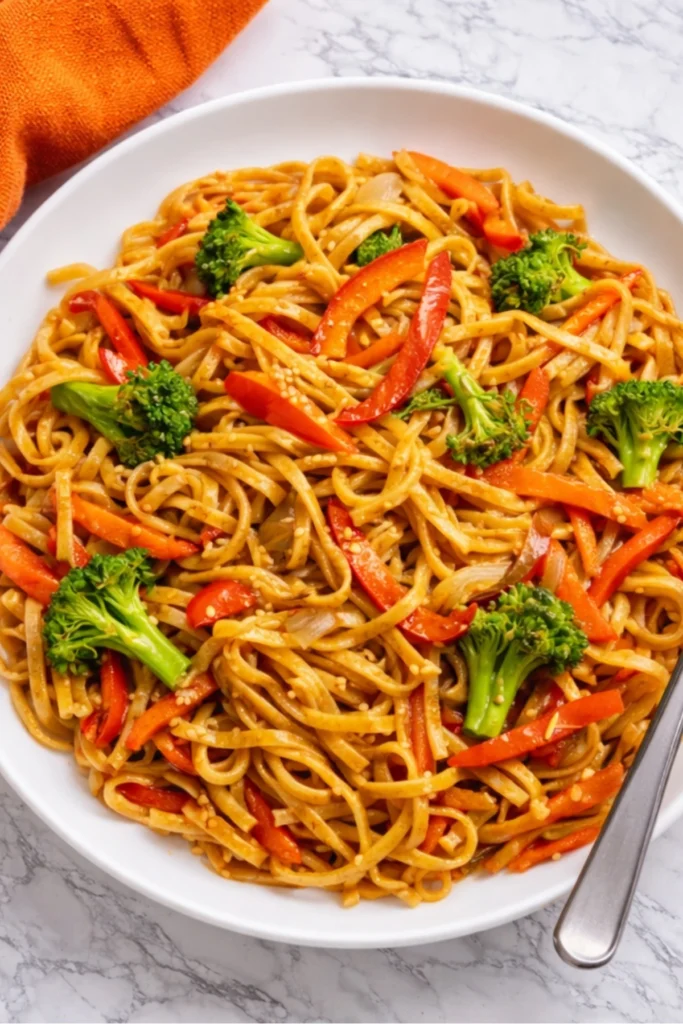 Plated Veggie Lo Mein with broccoli, red bell peppers, and carrots on a white marble surface