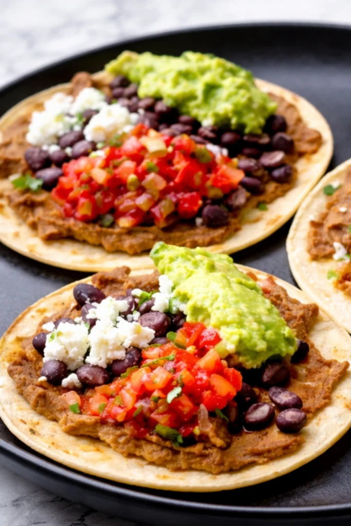 Close-up of vegetarian tostadas with refried beans, black beans, guacamole, pico de gallo, and crumbled cheese on crispy corn tortillas