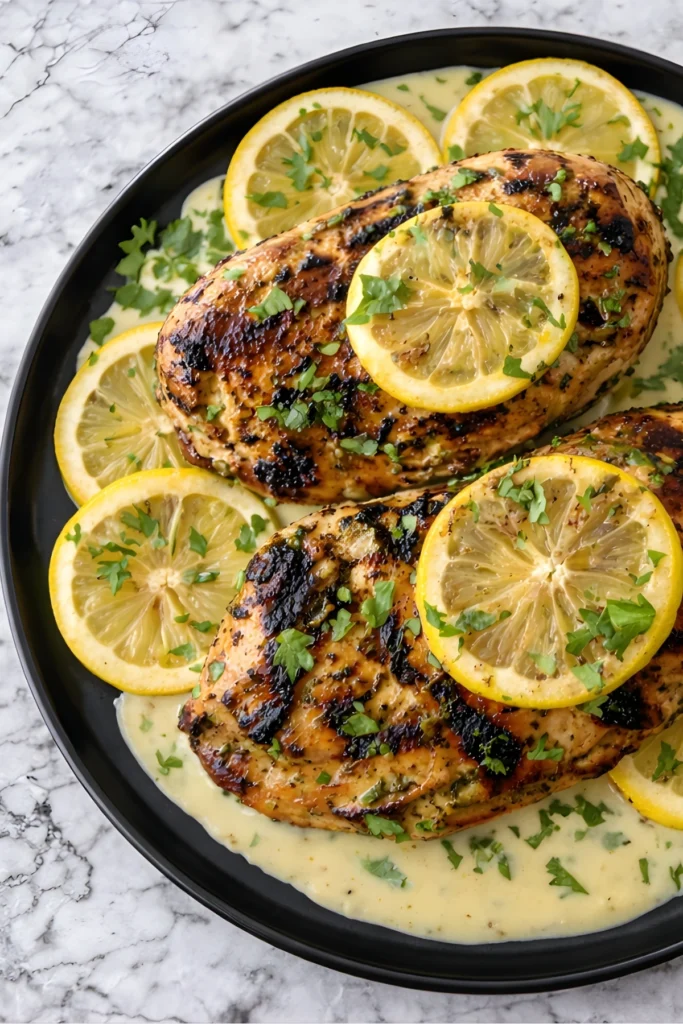 Zesty grilled lemon chicken breasts with char marks, garnished with lemon slices and parsley, served in creamy lemon sauce on a black plate