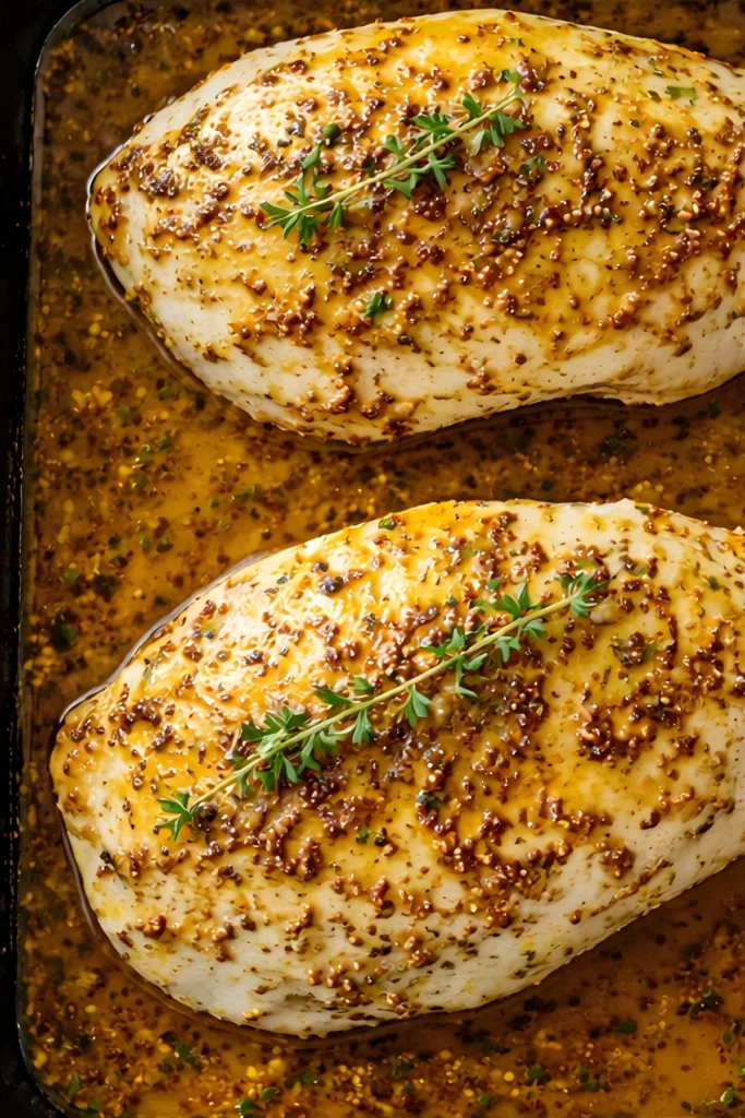 Overhead view of baked honey mustard chicken breasts glazed with whole grain mustard sauce and garnished with fresh thyme in a dark roasting pan