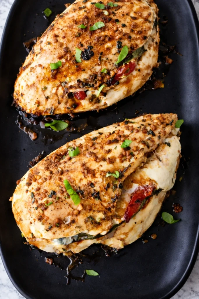 Caprese stuffed chicken breasts filled with mozzarella, basil, and sun dried tomatoes, topped with garlic and herbs on a black serving plate