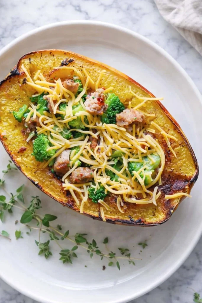 Stuffed Spaghetti Squash with Sausage, Broccoli, and Cheese