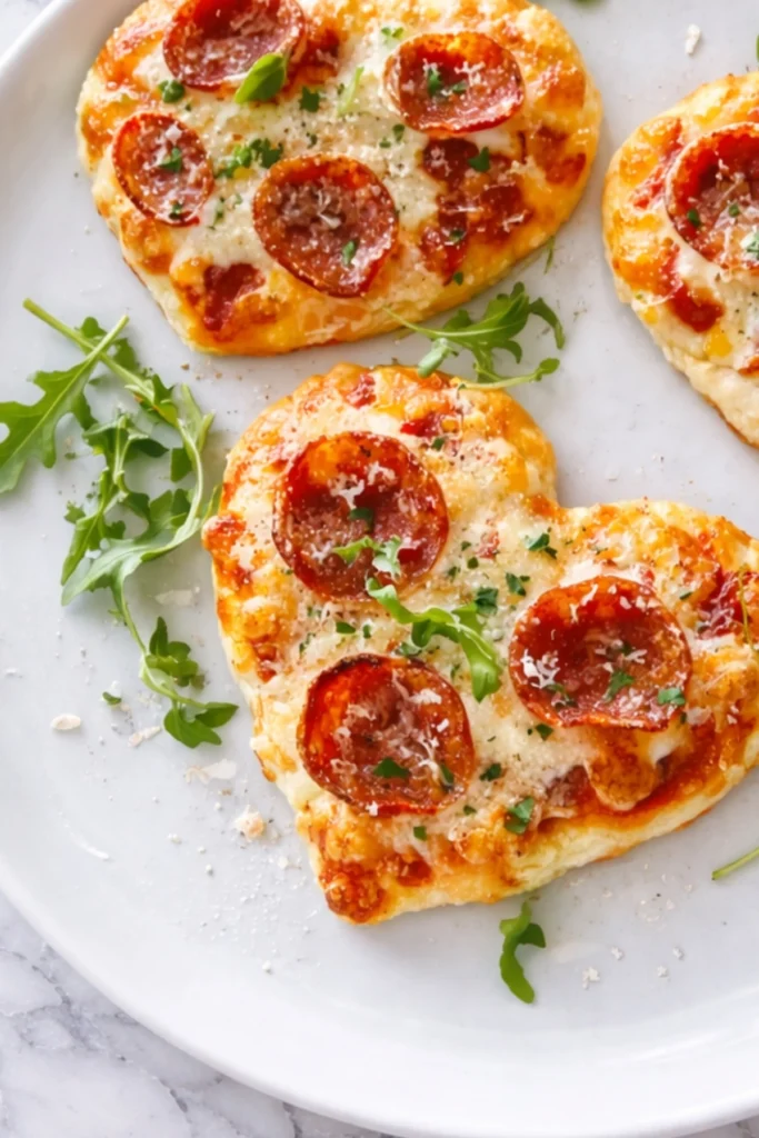 Mini Heart Shaped Pizzas with Pepperoni and Fresh Greens