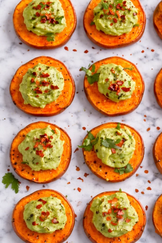 Healthy Sweet Potato Bites Topped with Avocado and Cilantro