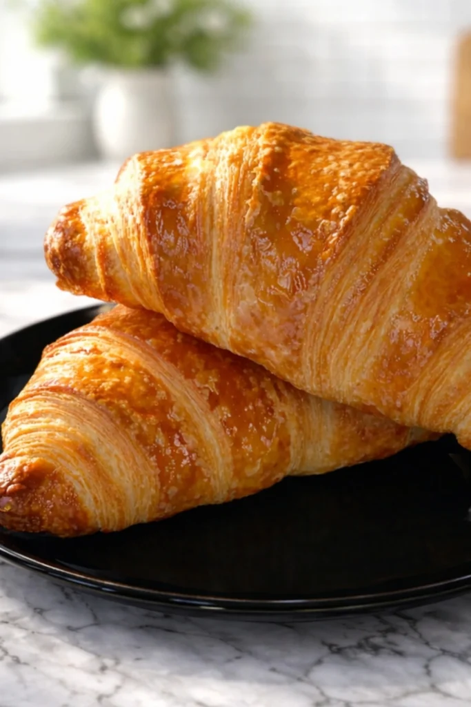 Overhead view of two freshly baked Gipfeli croissants with a glossy, golden-brown crust, resting on a black plate atop a marble countertop.