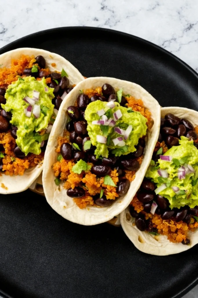 Close-up of quinoa and black bean tacos topped with guacamole, red onion, and cilantro on soft tortillas