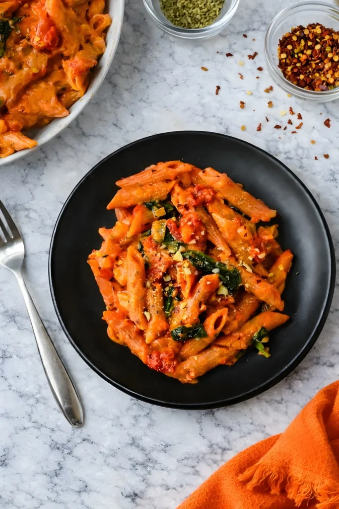 One pot red lentil pasta served on a black plate with spinach, tomato sauce, and chopped almonds