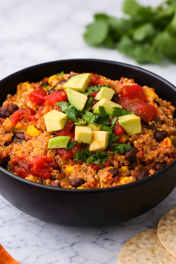 Instant Pot Mexican Quinoa in a black bowl with avocado, salsa, black beans, corn, and fresh cilantro on a marble surface