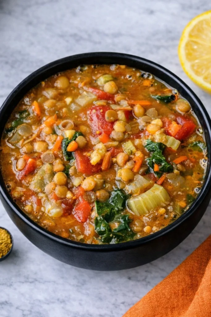 Instant Pot lentil soup with tomatoes, kale, and carrots in a black bowl