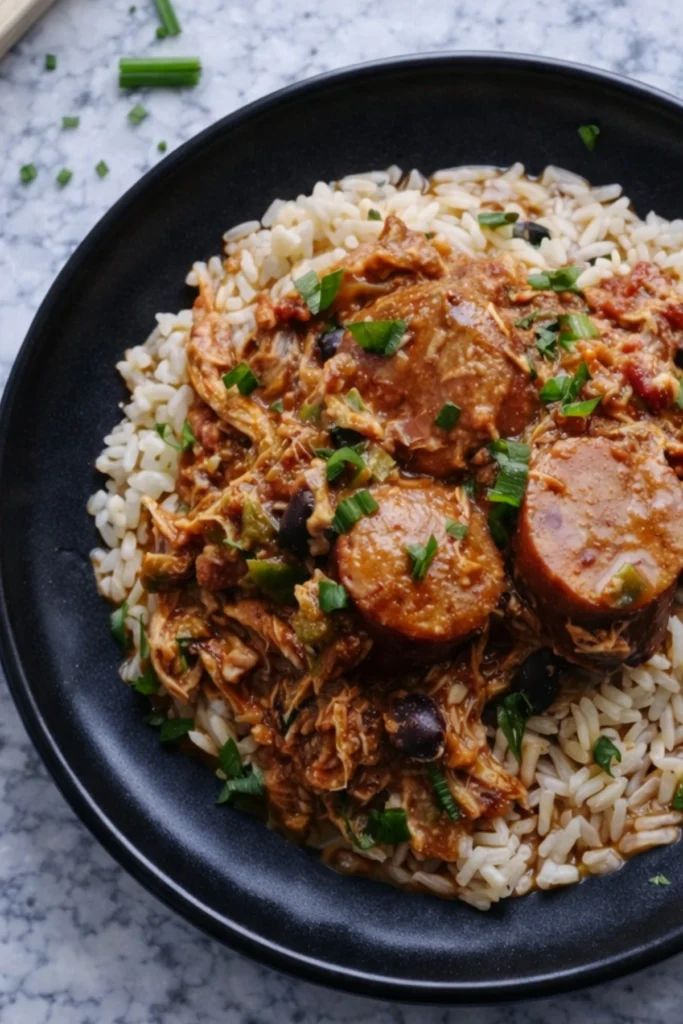 Slow Cooker Creole Chicken and Sausage with Rice and Green Onions