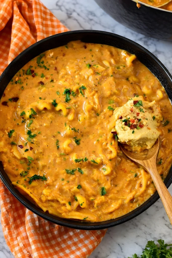 Creamy vegan lasagna soup topped with cashew cream and herbs in a black bowl