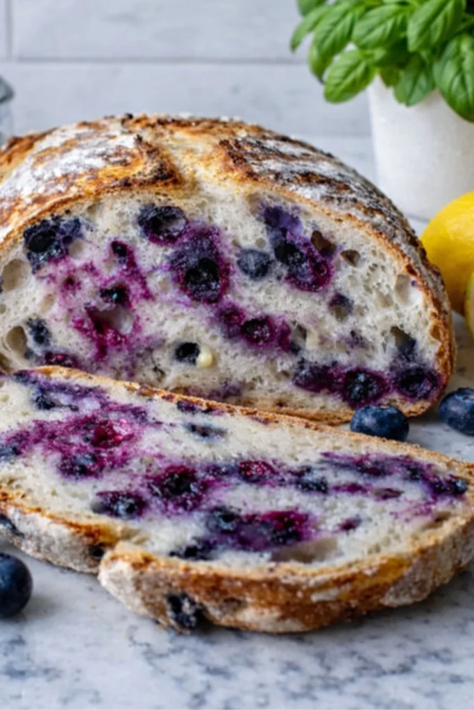 Lemon blueberry sourdough bread with fresh blueberries and a soft airy crumb
