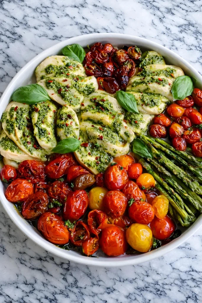 One pan pesto chicken in white dish with basil, roasted cherry tomatoes, and asparagus on marble background
