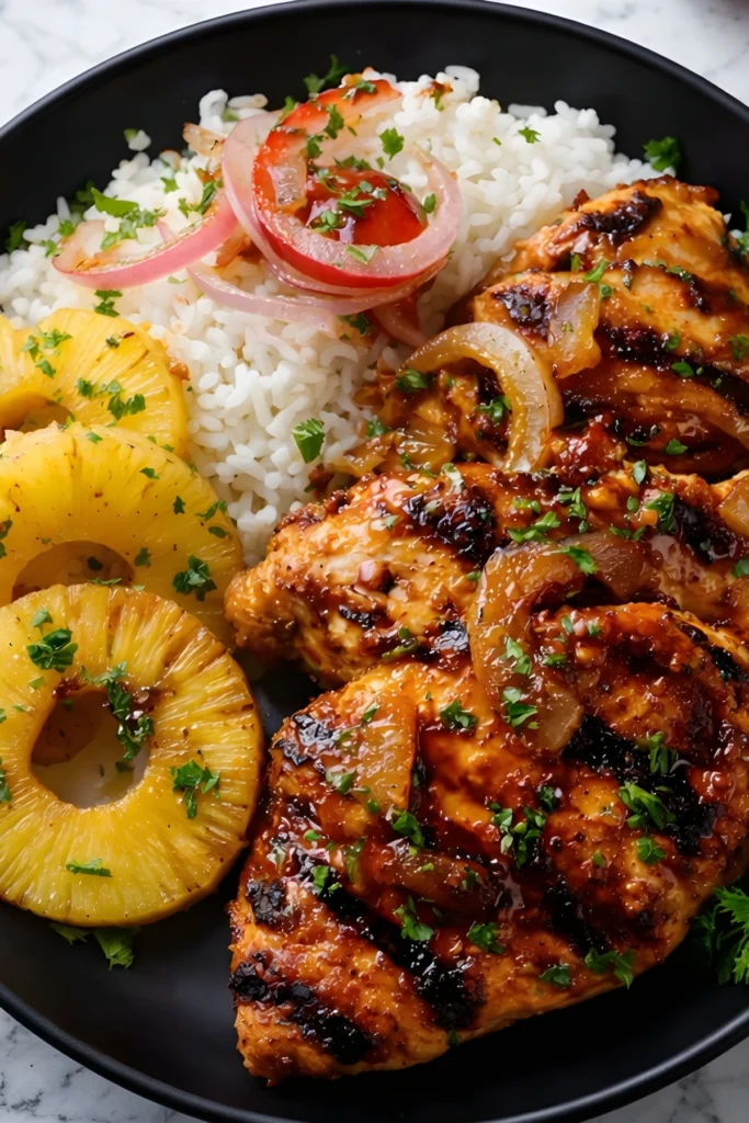 Grilled Hawaiian chicken breasts with glazed onions, coconut rice, and pineapple rings, garnished with parsley and pickled red onions