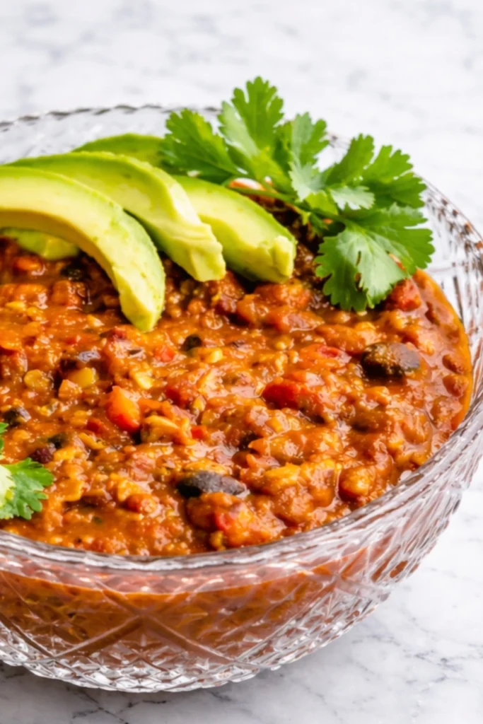 Crockpot Vegetarian Chili with Avocado and Cilantro Toppings