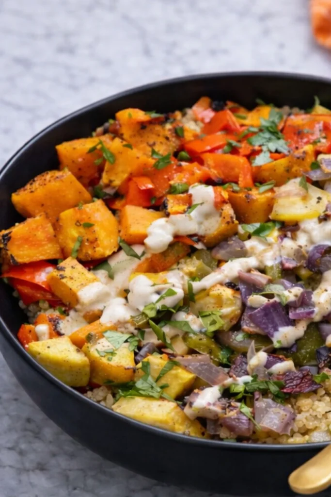 Close-up of roasted vegetable quinoa bowl with sweet potatoes, red peppers, and tahini sauce