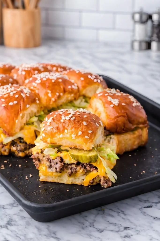 Big Mac Sliders with Melted Cheese, Pickles, and Lettuce