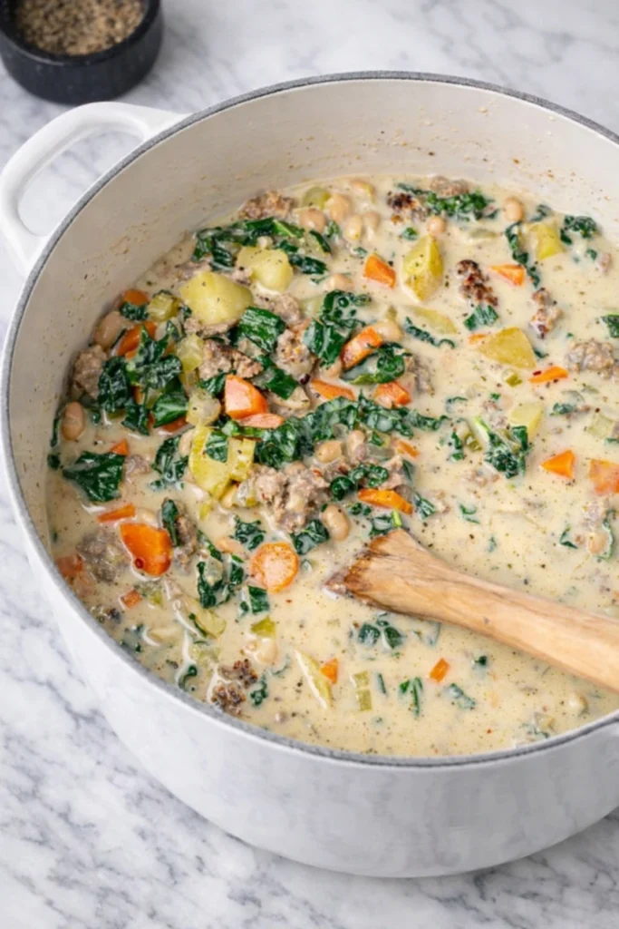 Dutch oven simmering Italian sausage and white bean soup on marble countertop
