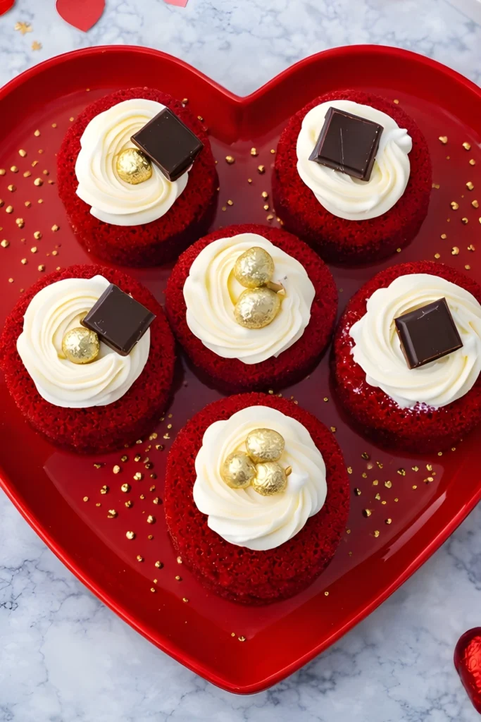 Red velvet cake minis with cream cheese frosting on heart plate