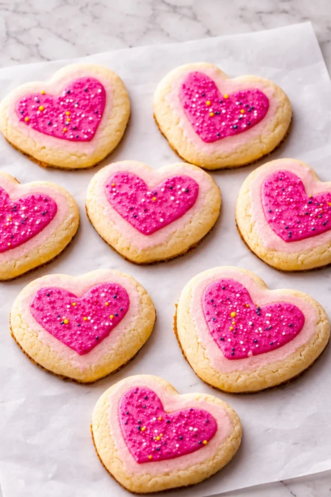 Slice and bake Valentine’s Day cookies with pink heart centers and sprinkles cooling on parchment paper