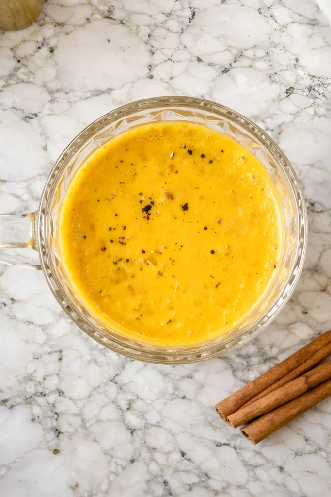 Top view of Golden Milk Haldi Doodh in a glass mug with black pepper on top, with cinnamon sticks on a marble counter