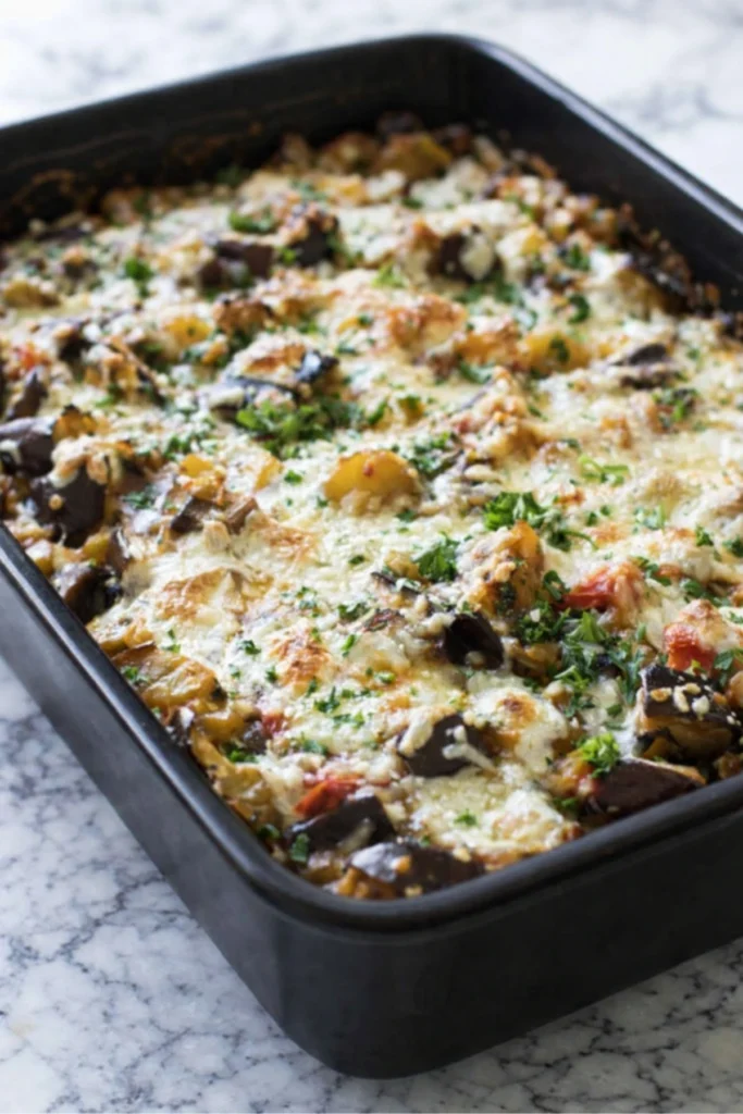 Baked eggplant casserole in a black pan with melted cheese and herbs on top