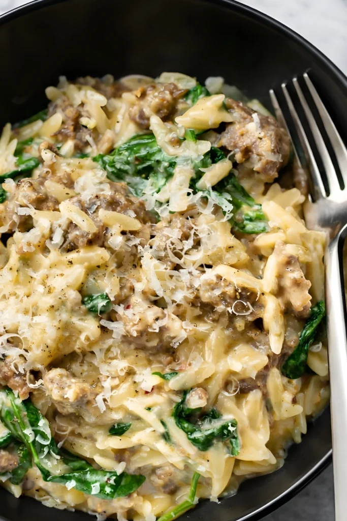 Italian Sausage Orzo with Spinach and Parmesan in a Bowl