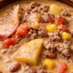 Creamy cowboy soup with ground beef potatoes beans corn and bacon in a rustic bowl