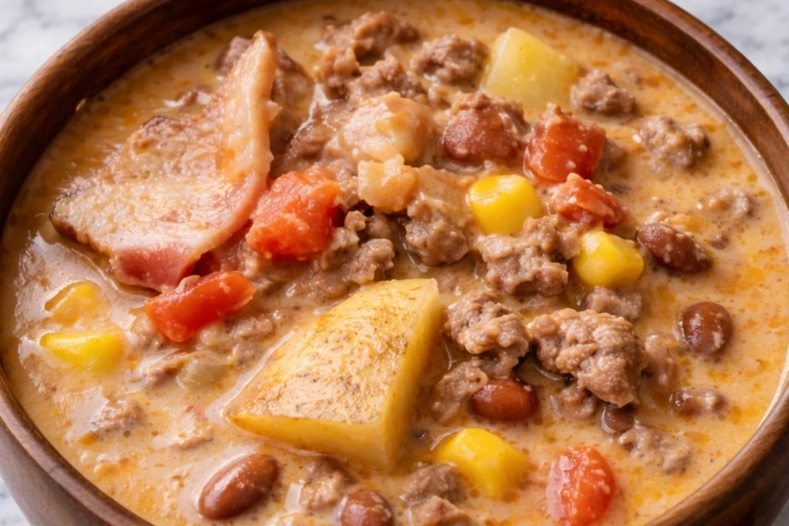 Creamy cowboy soup with ground beef potatoes beans corn and bacon in a rustic bowl