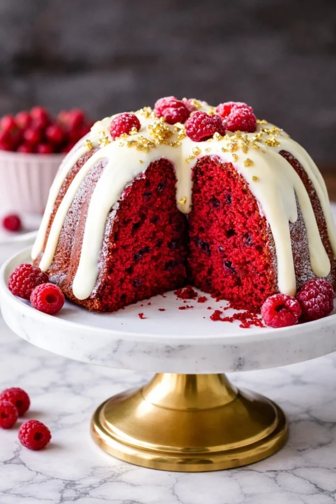 Red velvet cream cheese bundt cake sliced open with white glaze and raspberries