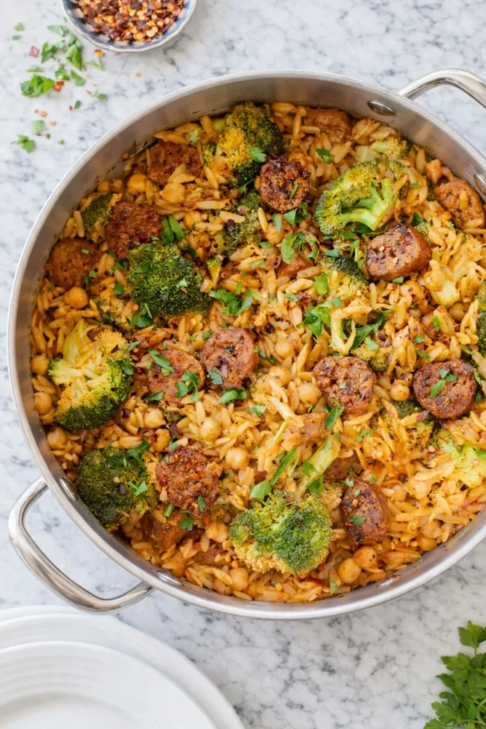 One-pan vegan sausage and broccoli orzo skillet with chickpeas, fresh herbs, and red pepper flakes in a stainless steel skillet
