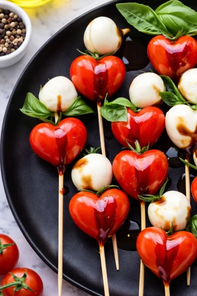 Valentine’s Caprese Skewers with Heart-Shaped Tomatoes, Fresh Basil, and Mozzarella Balls