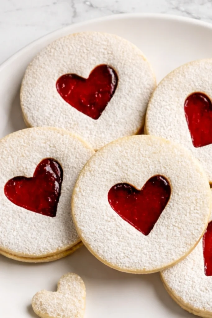 Heart-Shaped Jam Cookies with Powdered Sugar and Strawberry Filling